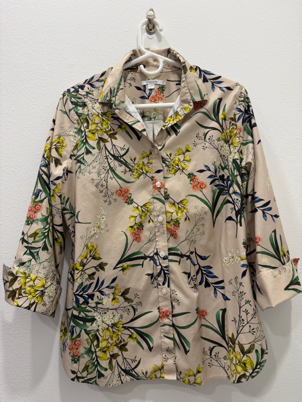 Chico's Cream Floral Button-Down Shirt